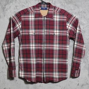 Eton Warwick Shacket Mens Medium Slim Red White Plaid Zip Flannel Shirt Jacket